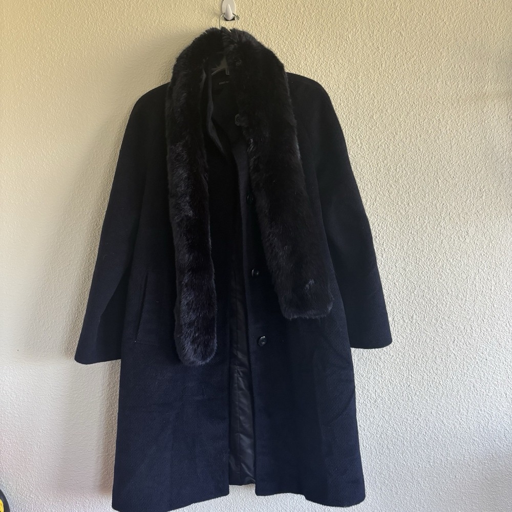 Jones Of New York Women's Long Coat With Faux Fur Trim Navy Blue Sz 8 Classic